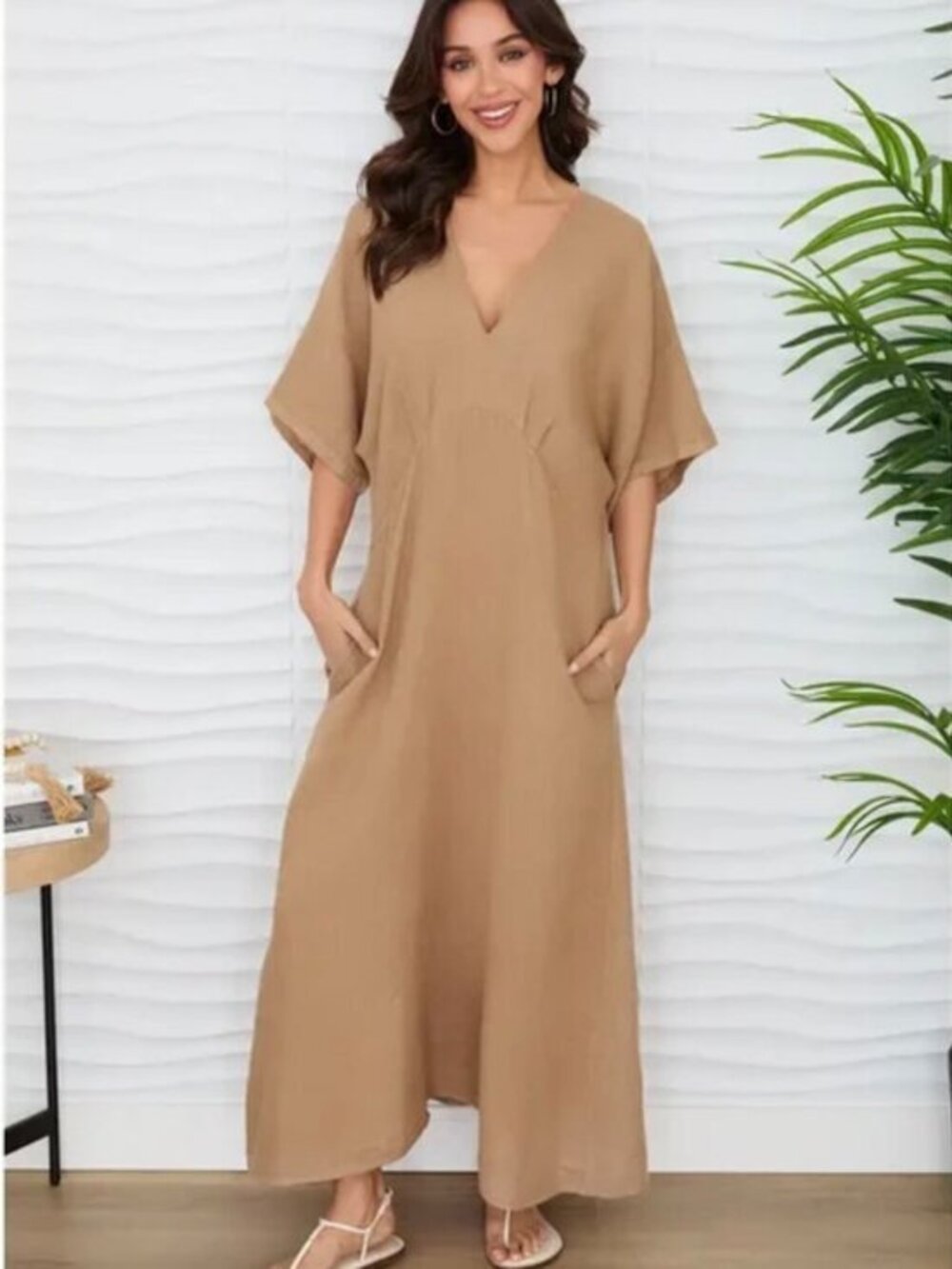 MIlio Milano  Italian Linen V-Neck Maxi Dress-Camel- S (Fits to L)- MSRP $180